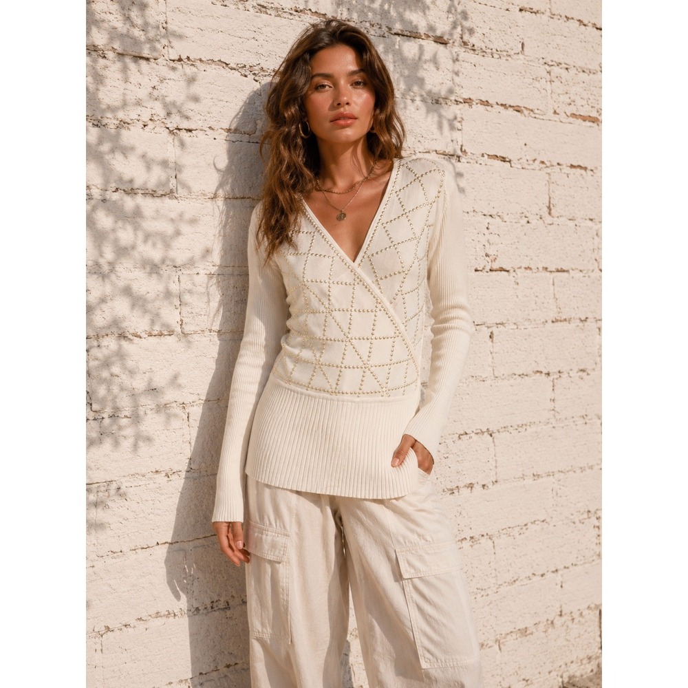Vintage WR Gold Studded Wrap Sweater Y2K Glam Ivory Ribbed Knit Top XL